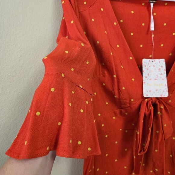FREE PEOPLE Flame Combo Plunging V-Neck Polkadot A-Line Dress Boho 0 NWT - Picture 6 of 12